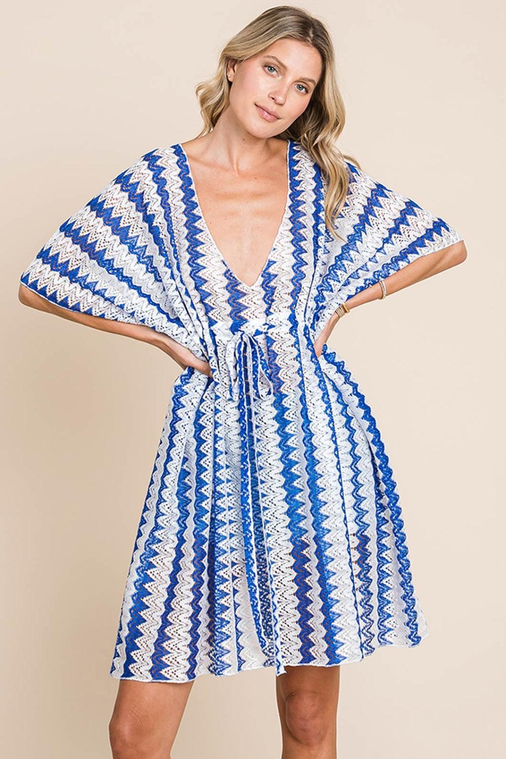 Tied Striped Plunge Half Sleeve Cover-Up in Blue - Wildflower Hippies