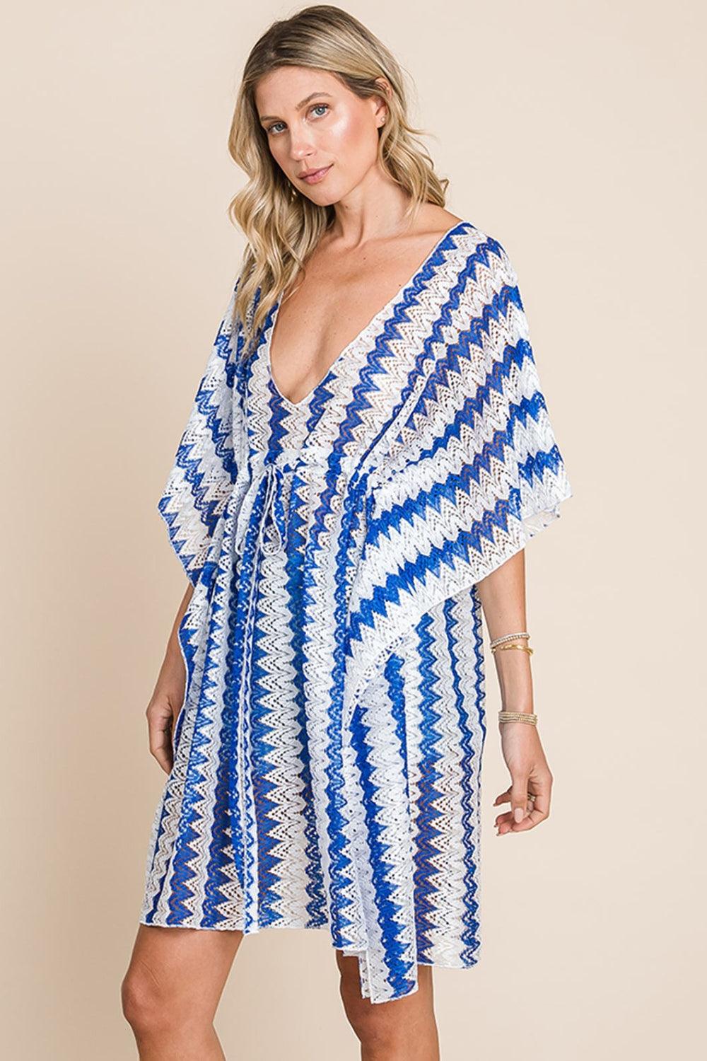Tied Striped Plunge Half Sleeve Cover-Up in Blue - Wildflower Hippies