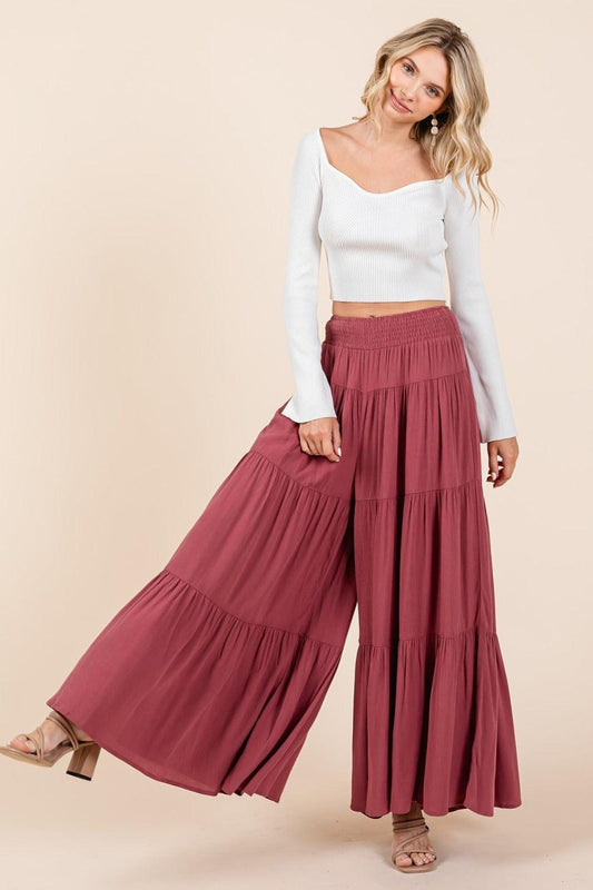 Tier Detail Smocked Elastic Waist Wide Leg Pants - Wildflower Hippies