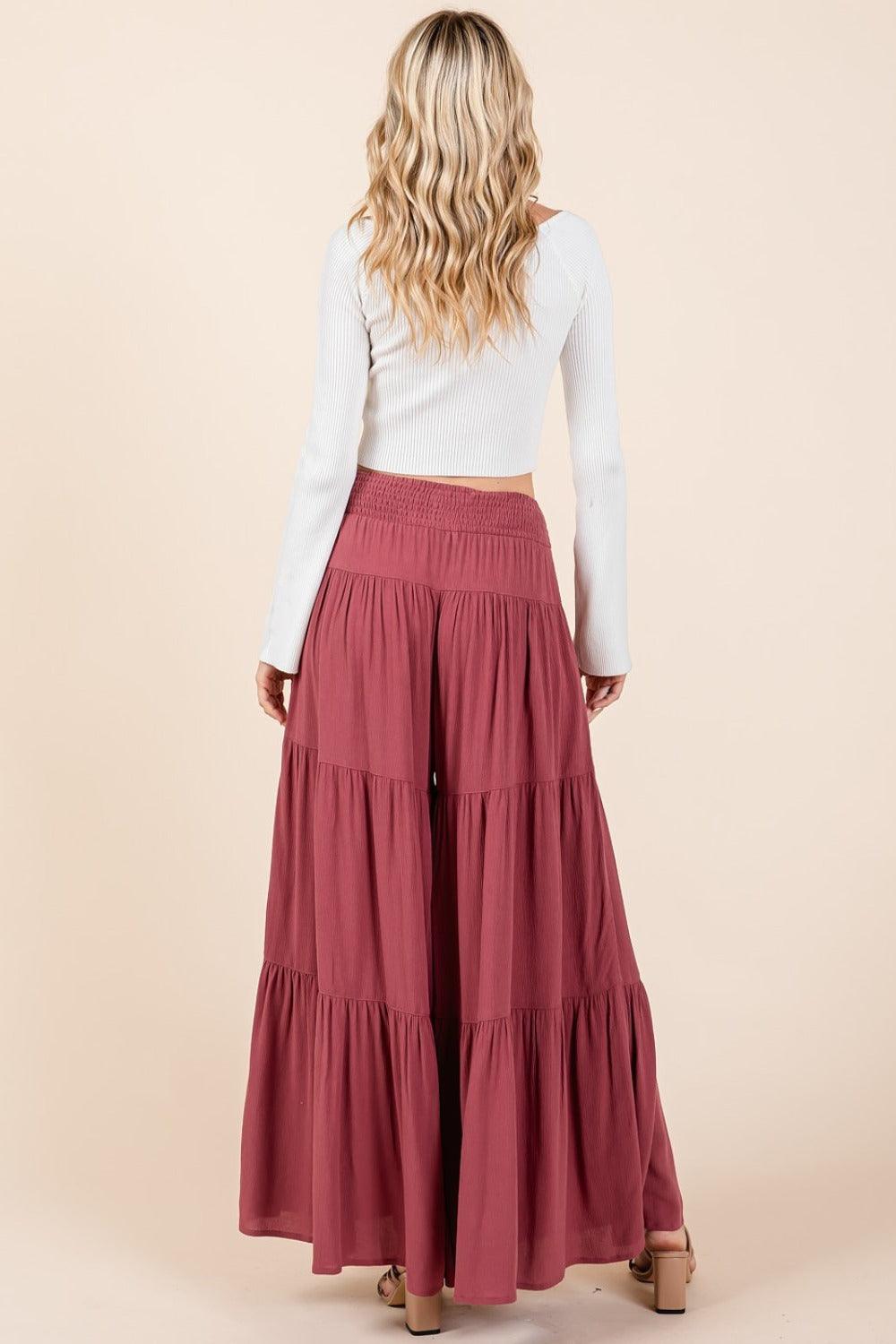 Tier Detail Smocked Elastic Waist Wide Leg Pants - Wildflower Hippies