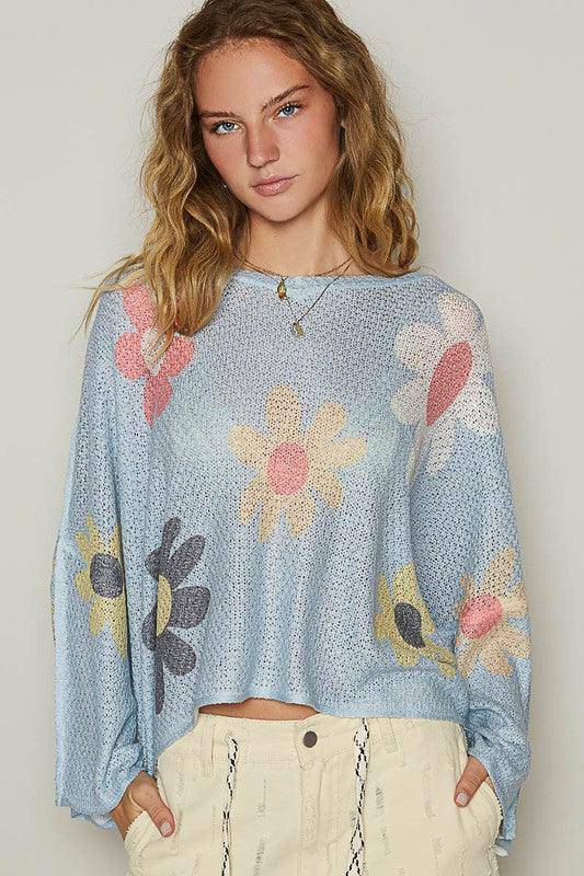 Flower Dropped Shoulder Long Sleeve Knit Top - Wildflower Hippies