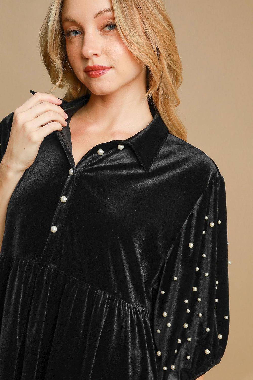 Pearl Detail Half Sleeve Velvet Babydoll Blouse - Wildflower Hippies