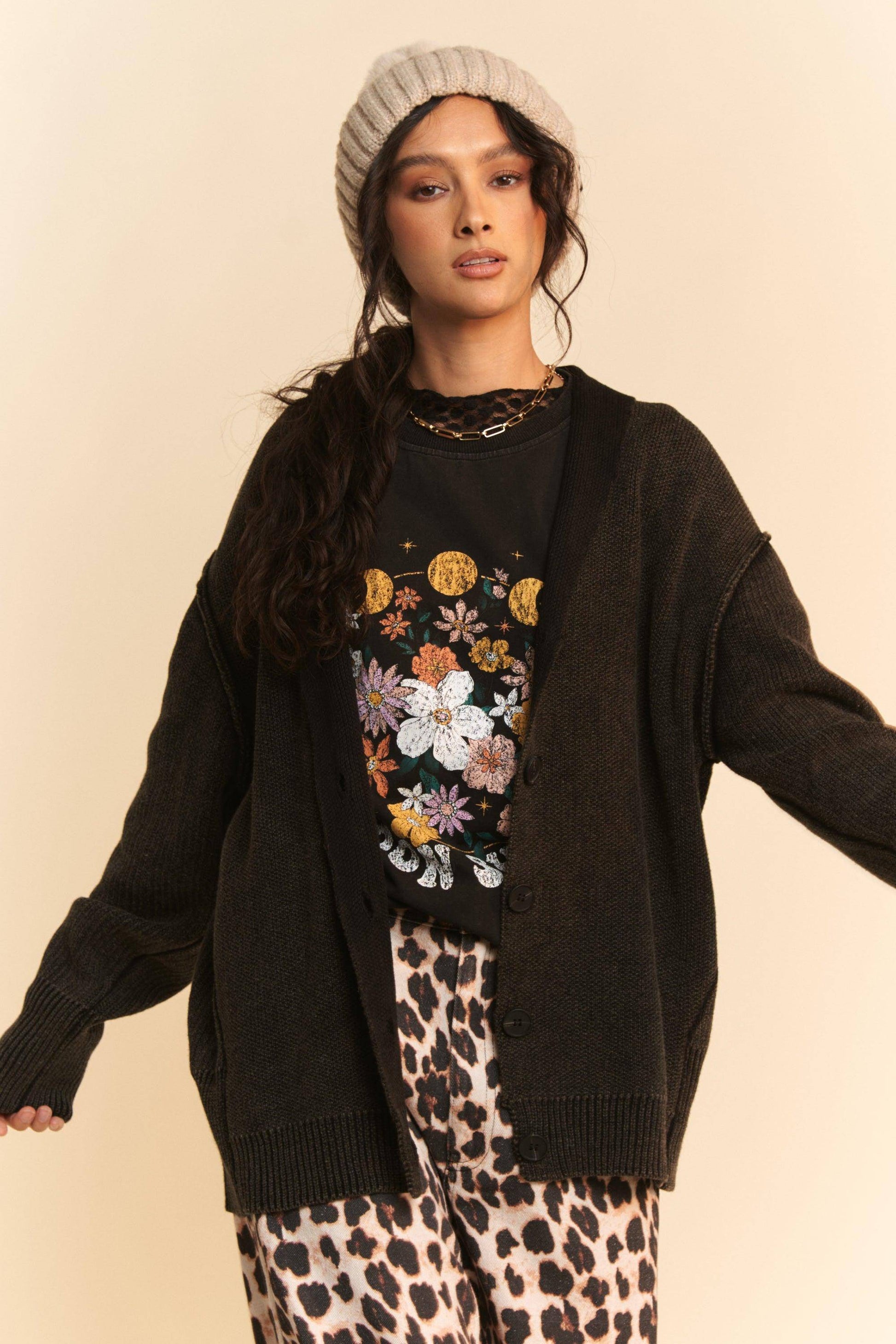 Shawl Collar Ribbed Detail Button Up Cardigan - Wildflower Hippies