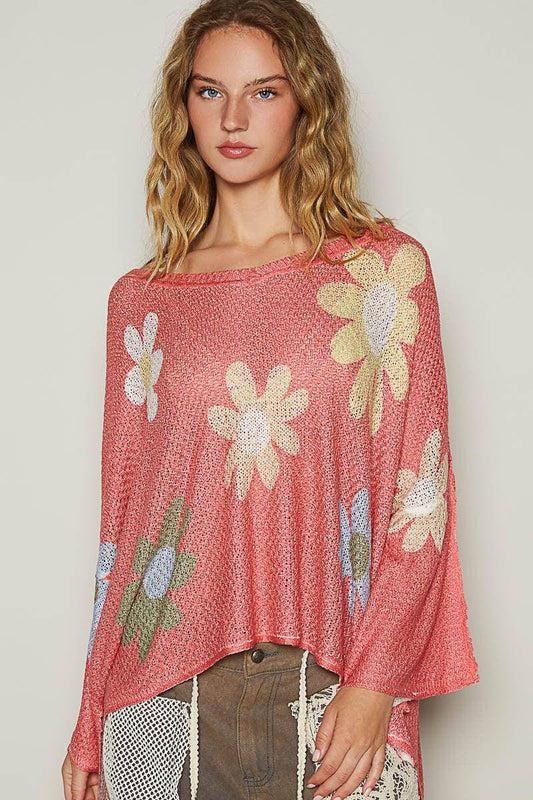 Flower Dropped Shoulder Long Sleeve Knit Top - Wildflower Hippies