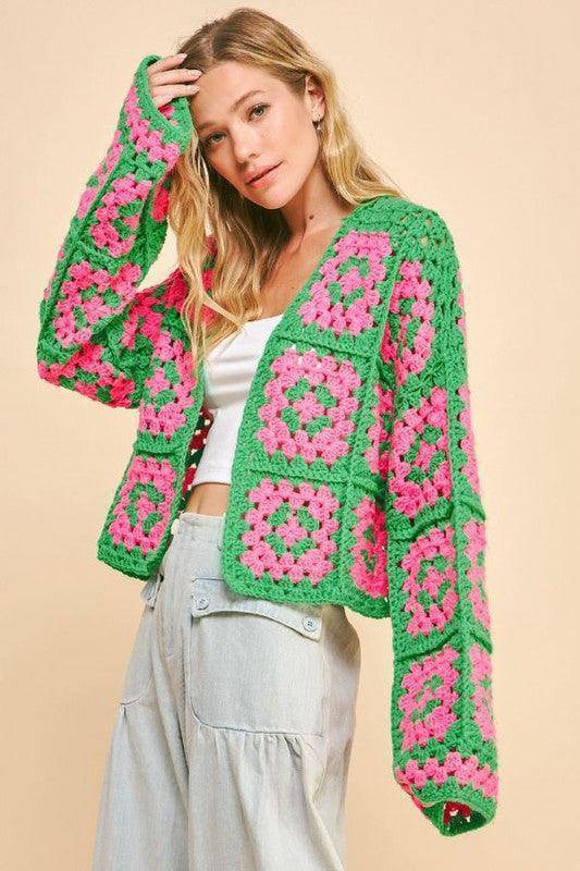 Two Tone Flower Square Crochet Open Front Cardigan - Wildflower Hippies