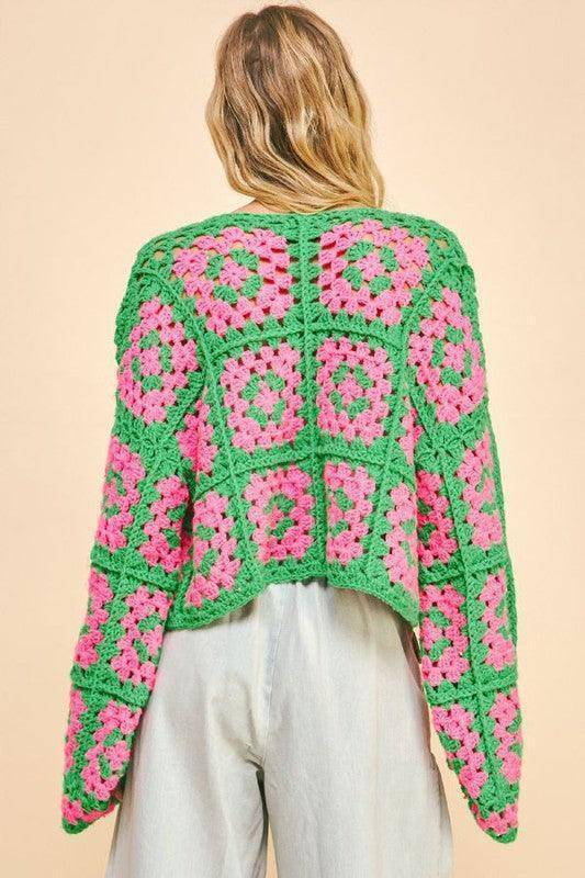 Two Tone Flower Square Crochet Open Front Cardigan - Wildflower Hippies