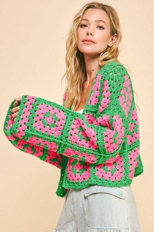 Two Tone Flower Square Crochet Open Front Cardigan - Wildflower Hippies