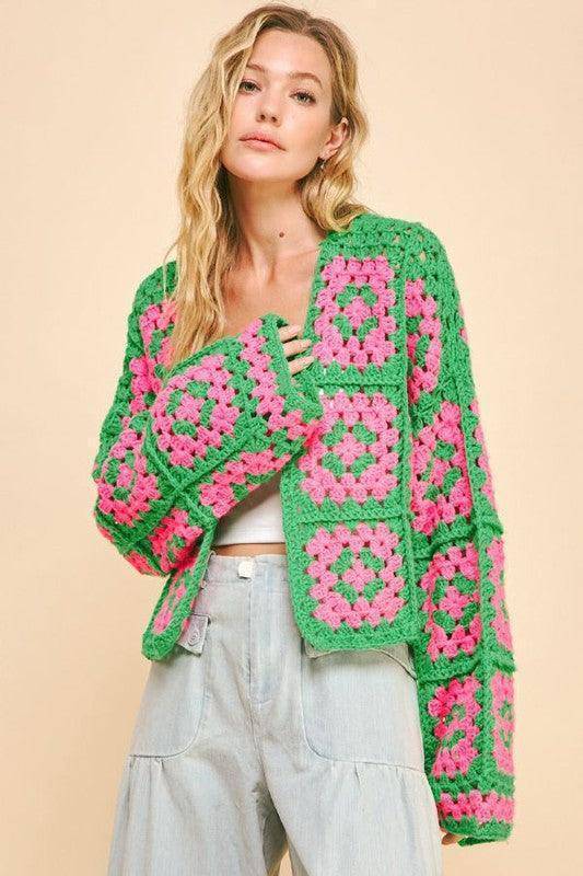 Two Tone Flower Square Crochet Open Front Cardigan - Wildflower Hippies