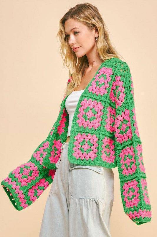 Two Tone Flower Square Crochet Open Front Cardigan - Wildflower Hippies