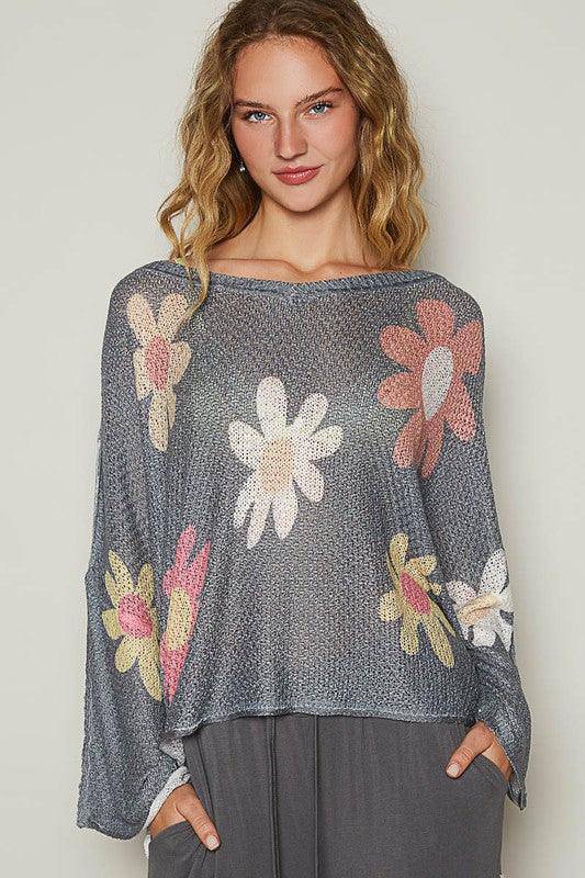 Flower Dropped Shoulder Long Sleeve Knit Top - Wildflower Hippies