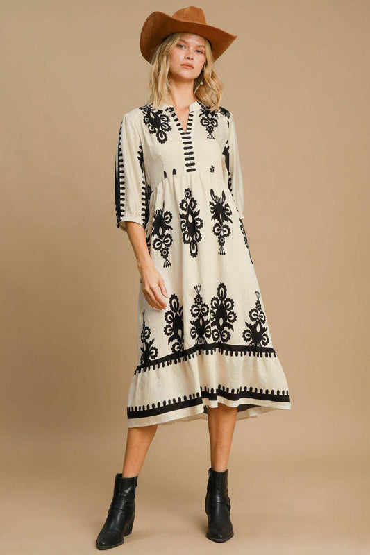 Printed Notched Midi Dress - Wildflower Hippies