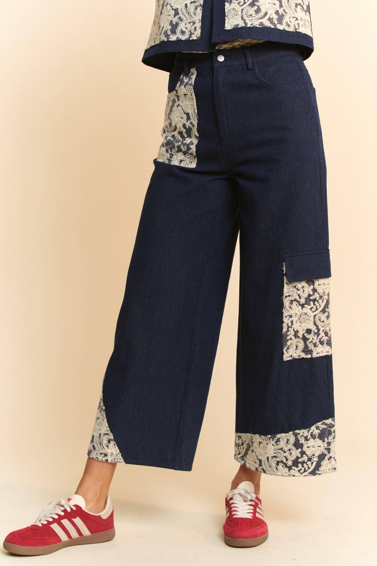 Lace Applique Wide Leg Jeans - Wildflower Hippies