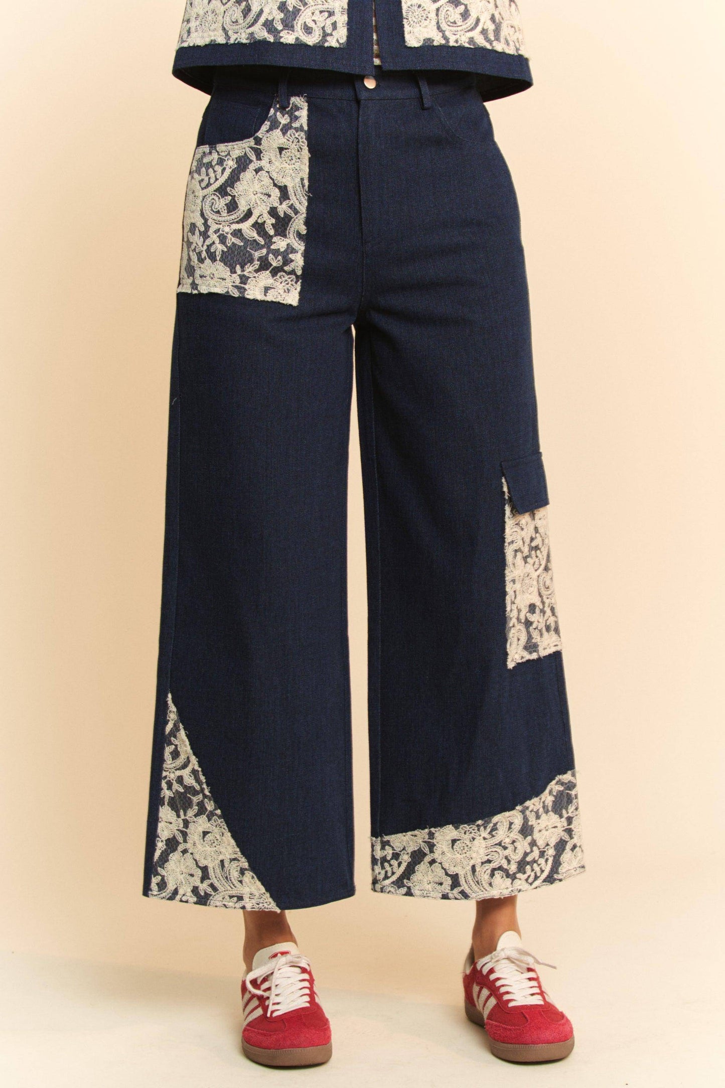 Lace Applique Wide Leg Jeans - Wildflower Hippies