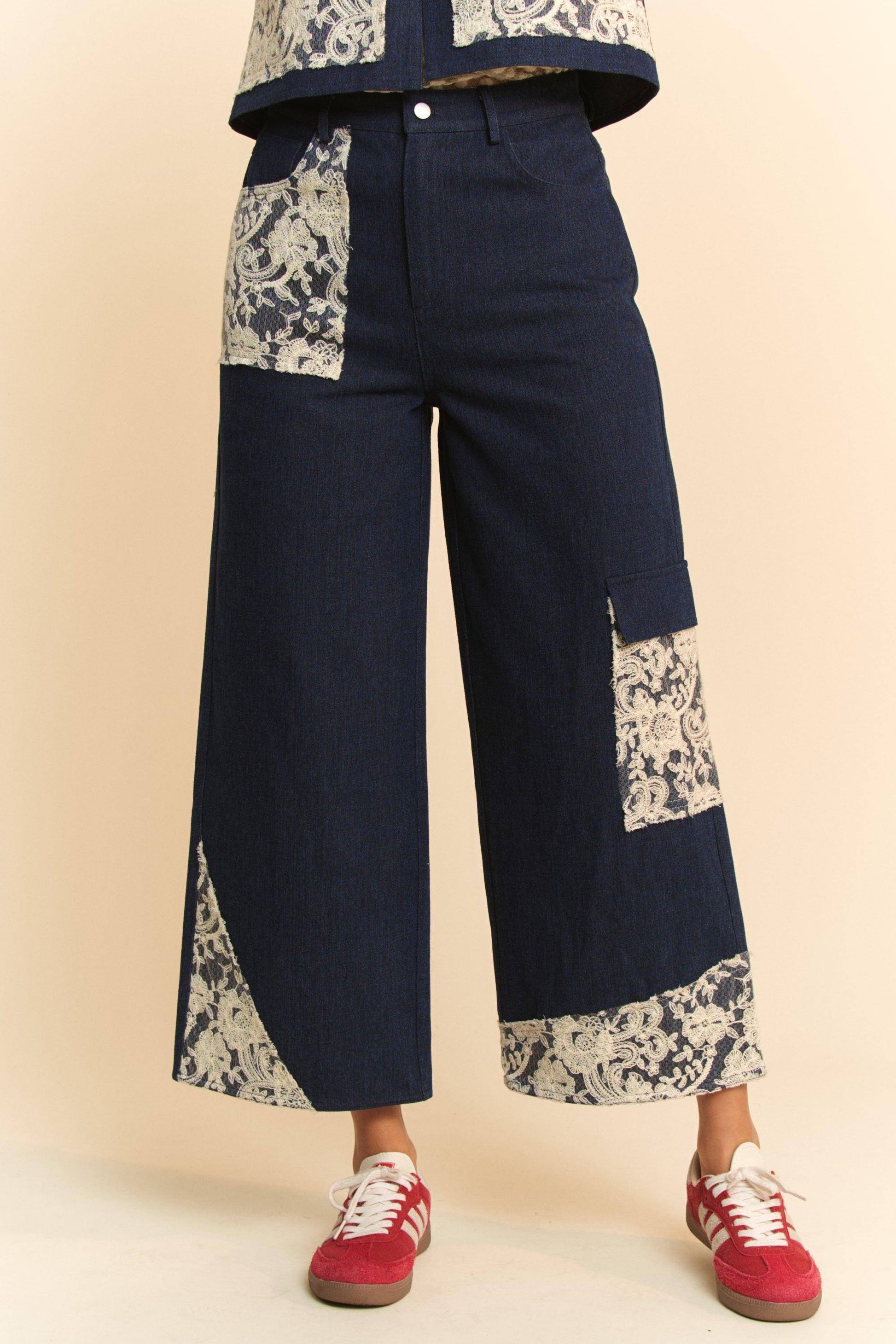 Lace Applique Wide Leg Jeans - Wildflower Hippies