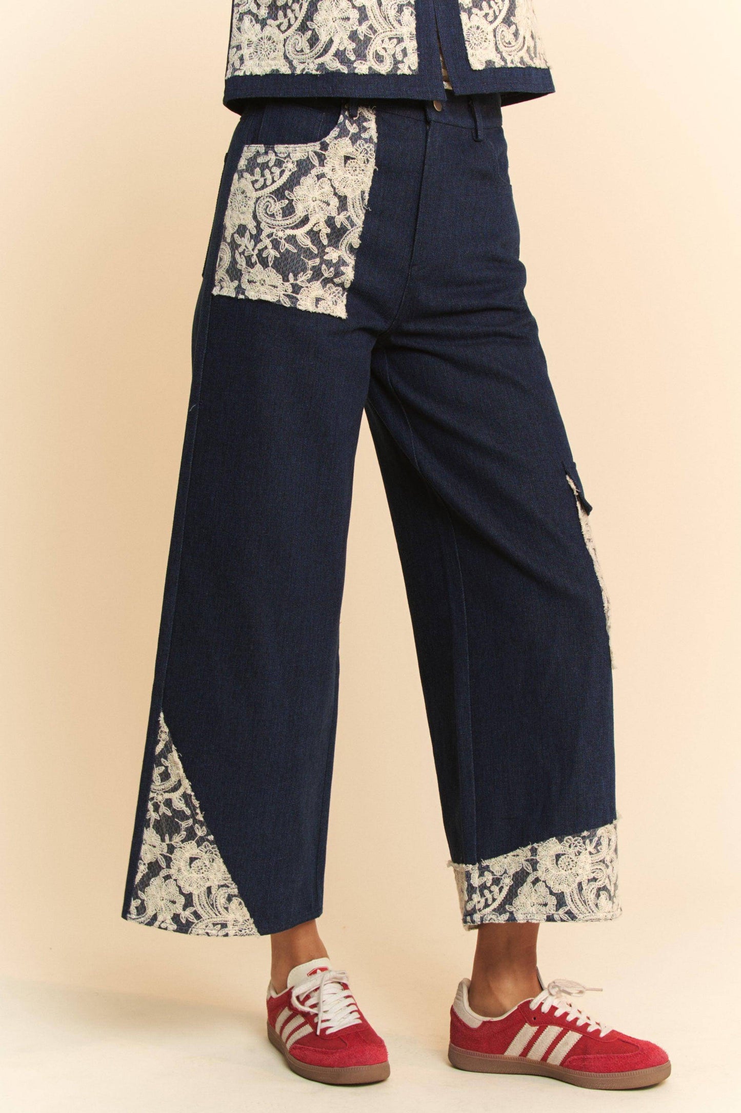 Lace Applique Wide Leg Jeans - Wildflower Hippies