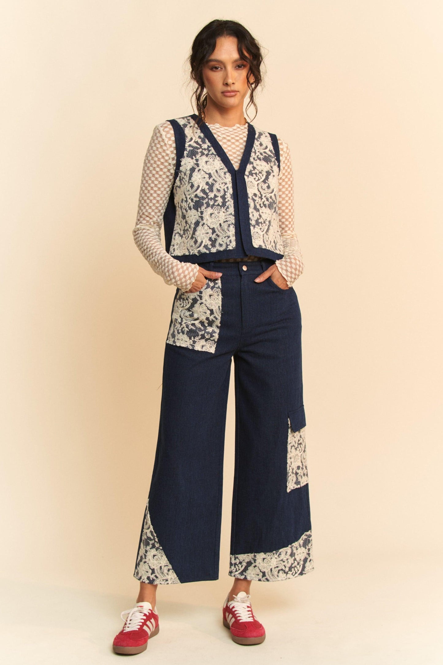 Lace Applique Wide Leg Jeans - Wildflower Hippies