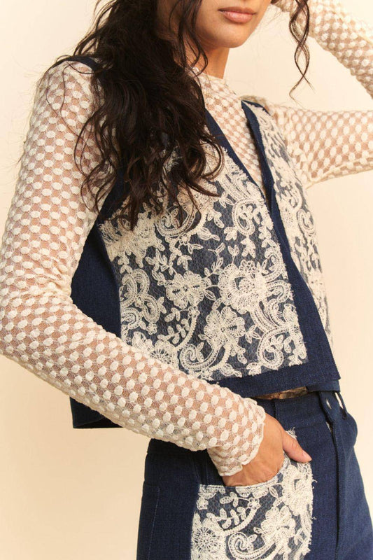 Lace Patch Open Front Denim Vest - Wildflower Hippies