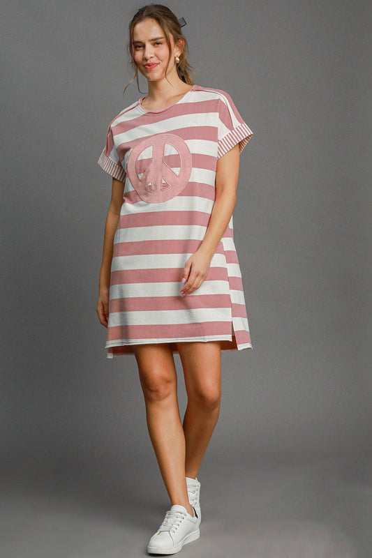 Peace Applique Striped Short Sleeve Mini Dress - Wildflower Hippies