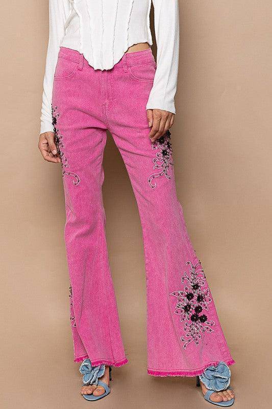 Raw Hem Embroidered Flare Pants - Wildflower Hippies