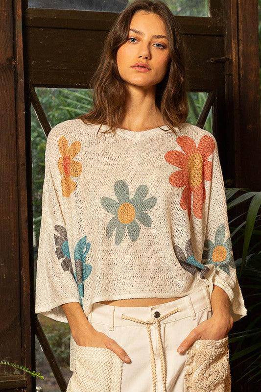 Flower Dropped Shoulder Long Sleeve Knit Top - Wildflower Hippies