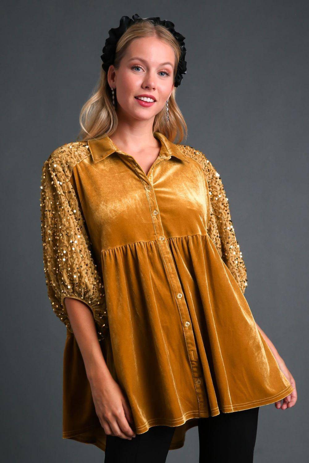 Sequin Detail Tiered Back Half Sleeve Shirt - Wildflower Hippies