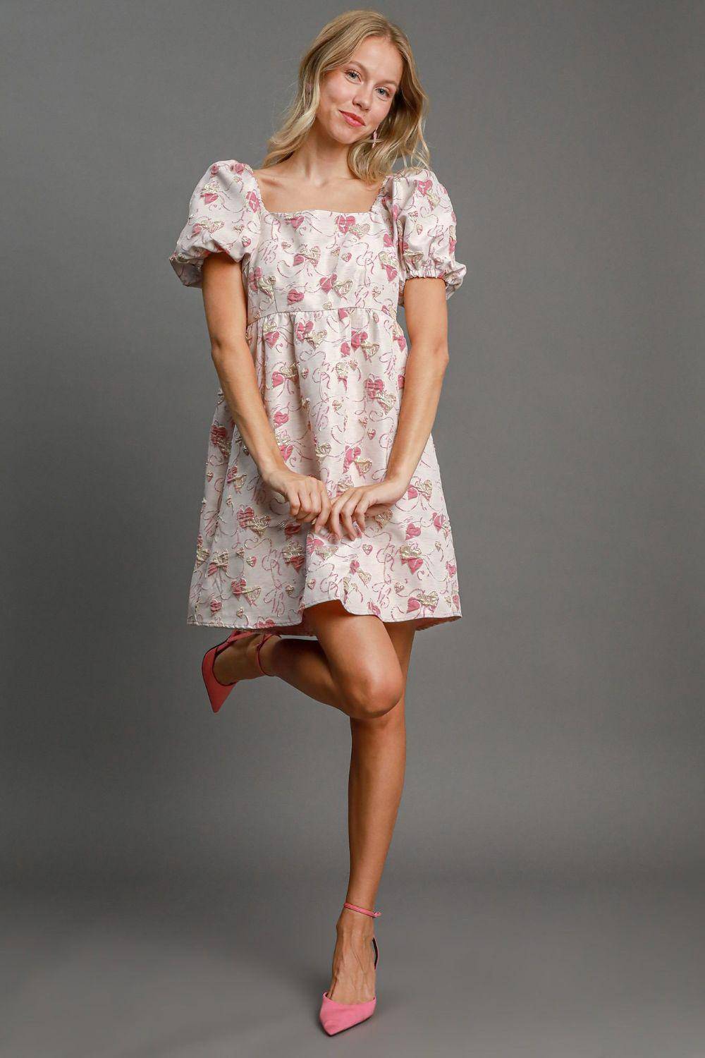 Heart Jacquard Square Neck Puff Sleeve Mini Dress - Wildflower Hippies