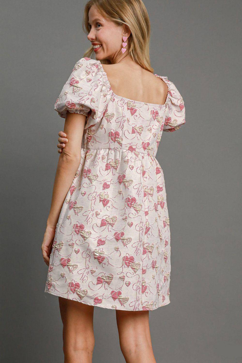 Heart Jacquard Square Neck Puff Sleeve Mini Dress - Wildflower Hippies