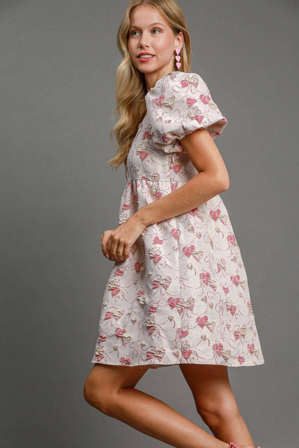 Heart Jacquard Square Neck Puff Sleeve Mini Dress - Wildflower Hippies