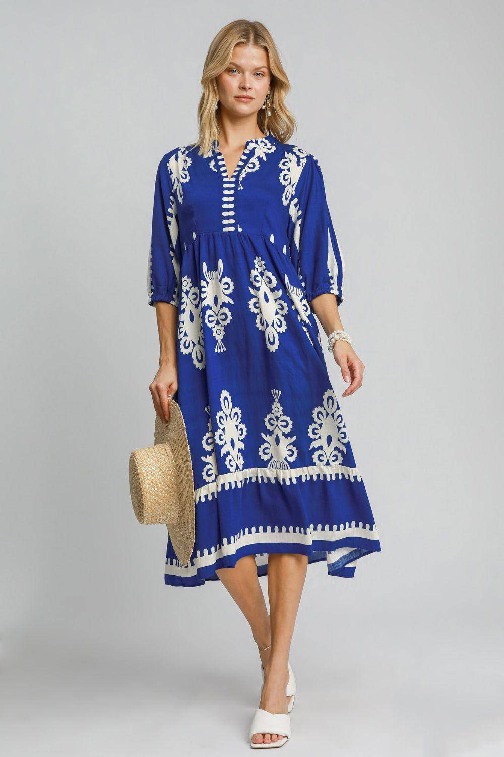 Printed Notched Midi Dress - Wildflower Hippies