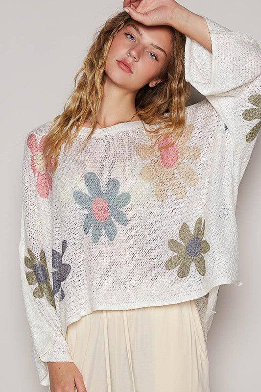 Flower Dropped Shoulder Long Sleeve Knit Top - Wildflower Hippies