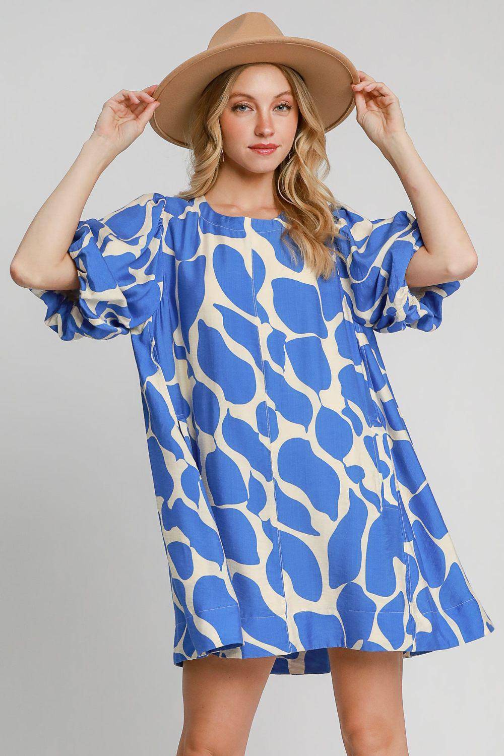 Two Tone Abstract Print Puff Sleeve Dress - Wildflower Hippies