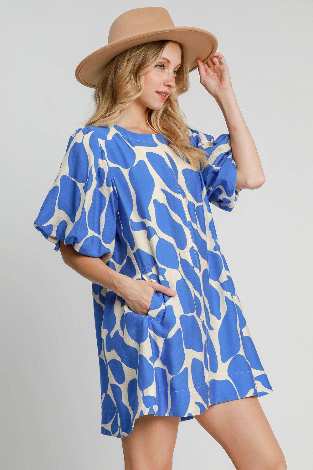 Two Tone Abstract Print Puff Sleeve Dress - Wildflower Hippies