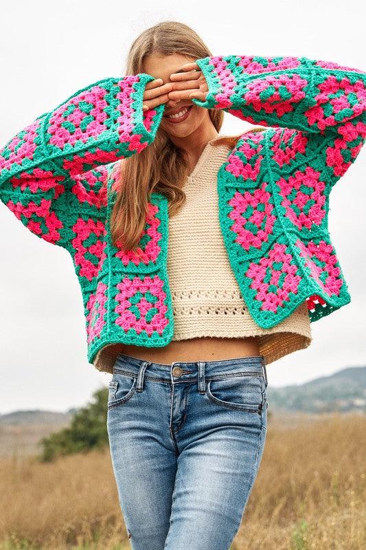 Two-Tone Floral Square Crochet Open Knit Cardigan - Wildflower Hippies