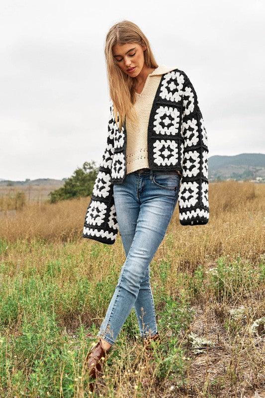 Two-Tone Floral Square Crochet Open Knit Cardigan - Wildflower Hippies