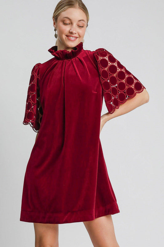 Dotted Lace Half Sleeve Mock Neck Back Tie Velvet Dress - Wildflower Hippies