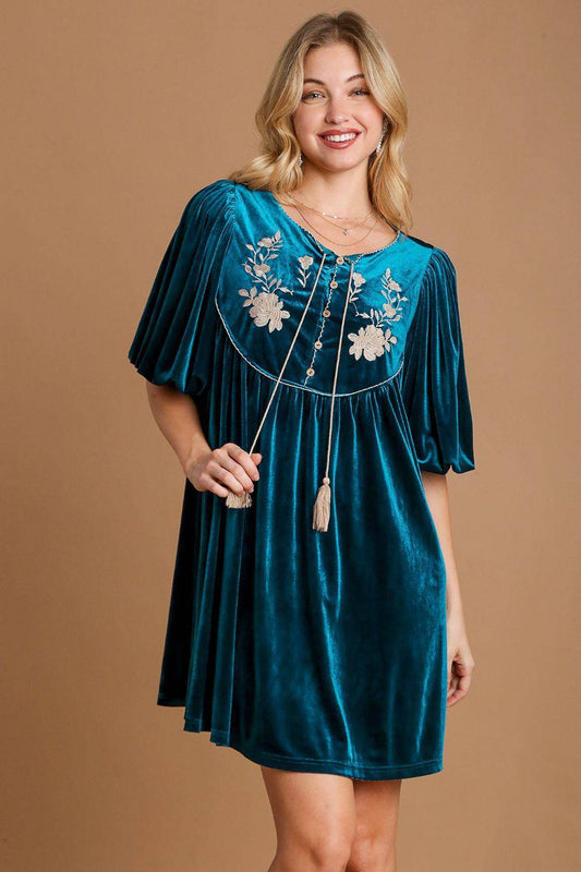 Embroidered Half Sleeve Velvet Mini Dress with Tassel - Wildflower Hippies