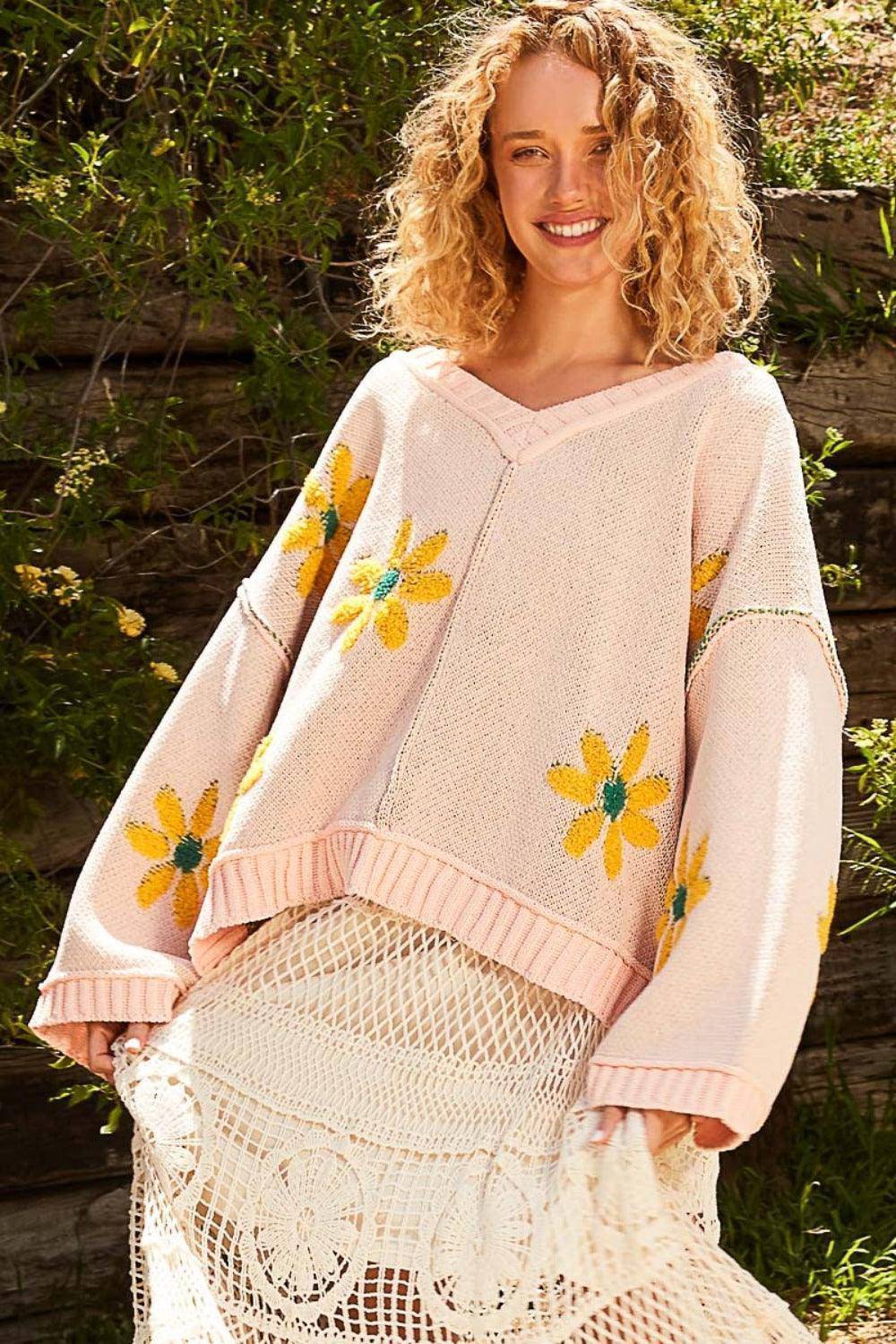 V-Neck Floral Pattern Chenille Sweater - Wildflower Hippies