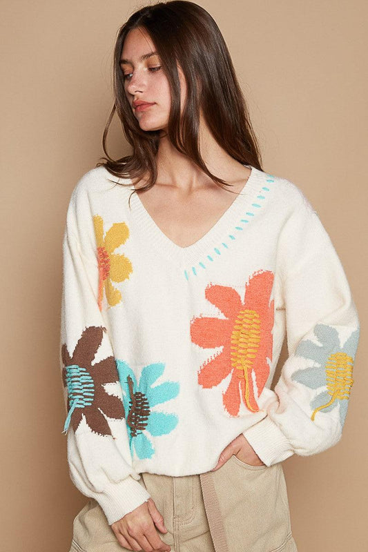 V-Neck Long Sleeve Flower Fringe Sweater - Wildflower Hippies