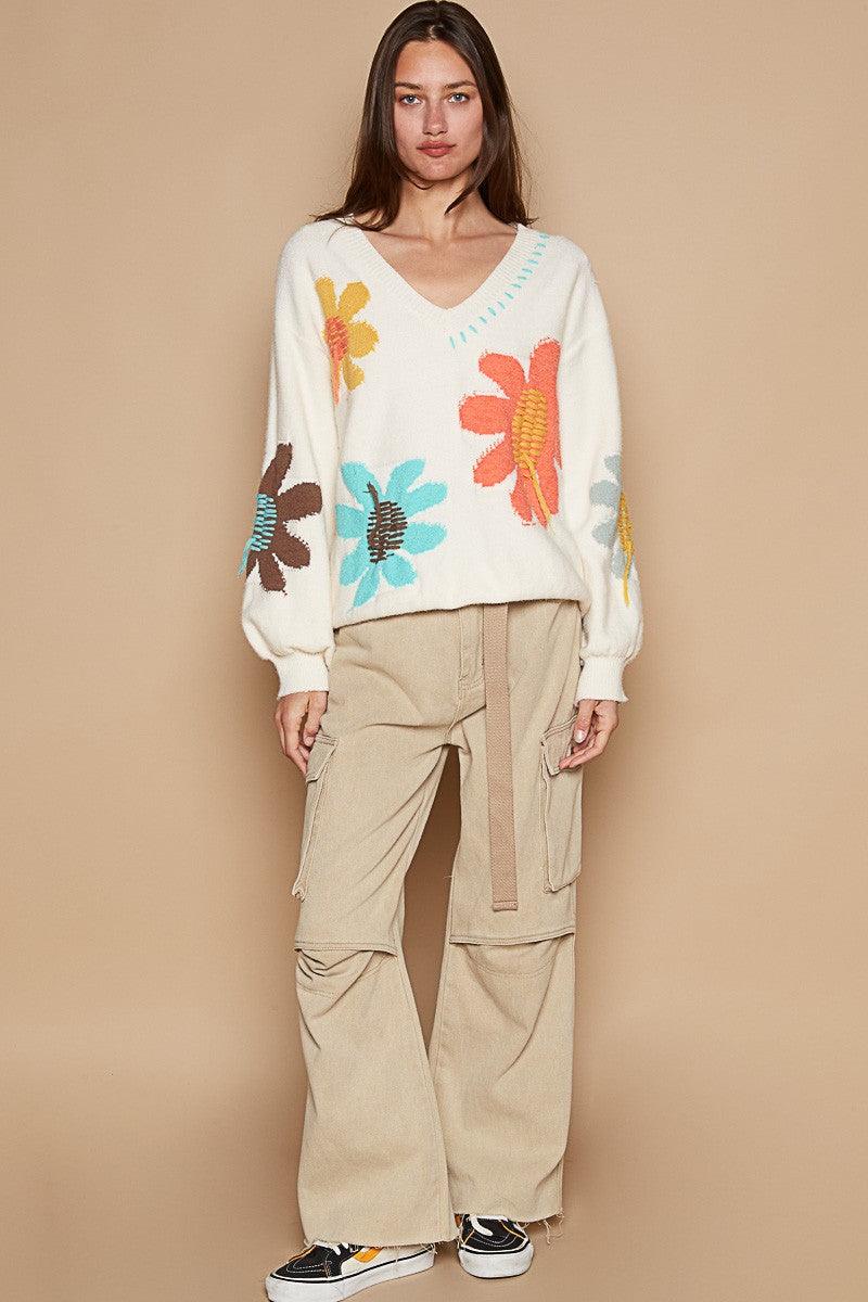 V-Neck Long Sleeve Flower Fringe Sweater - Wildflower Hippies