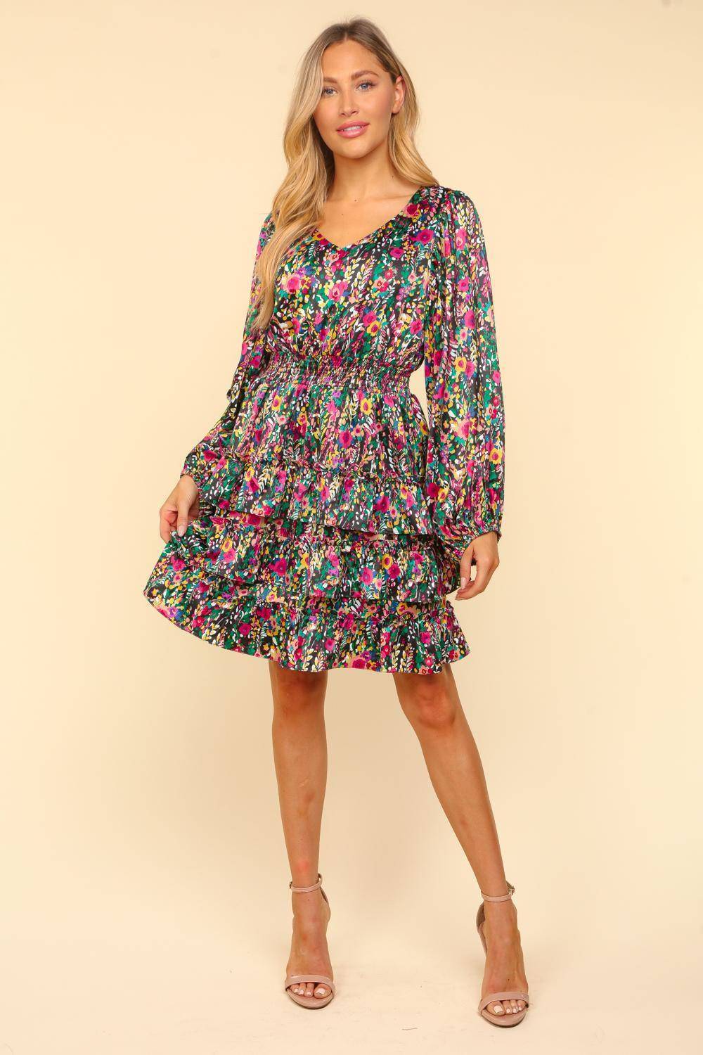 V-Neck Satin Floral Layered Dress - Wildflower Hippies