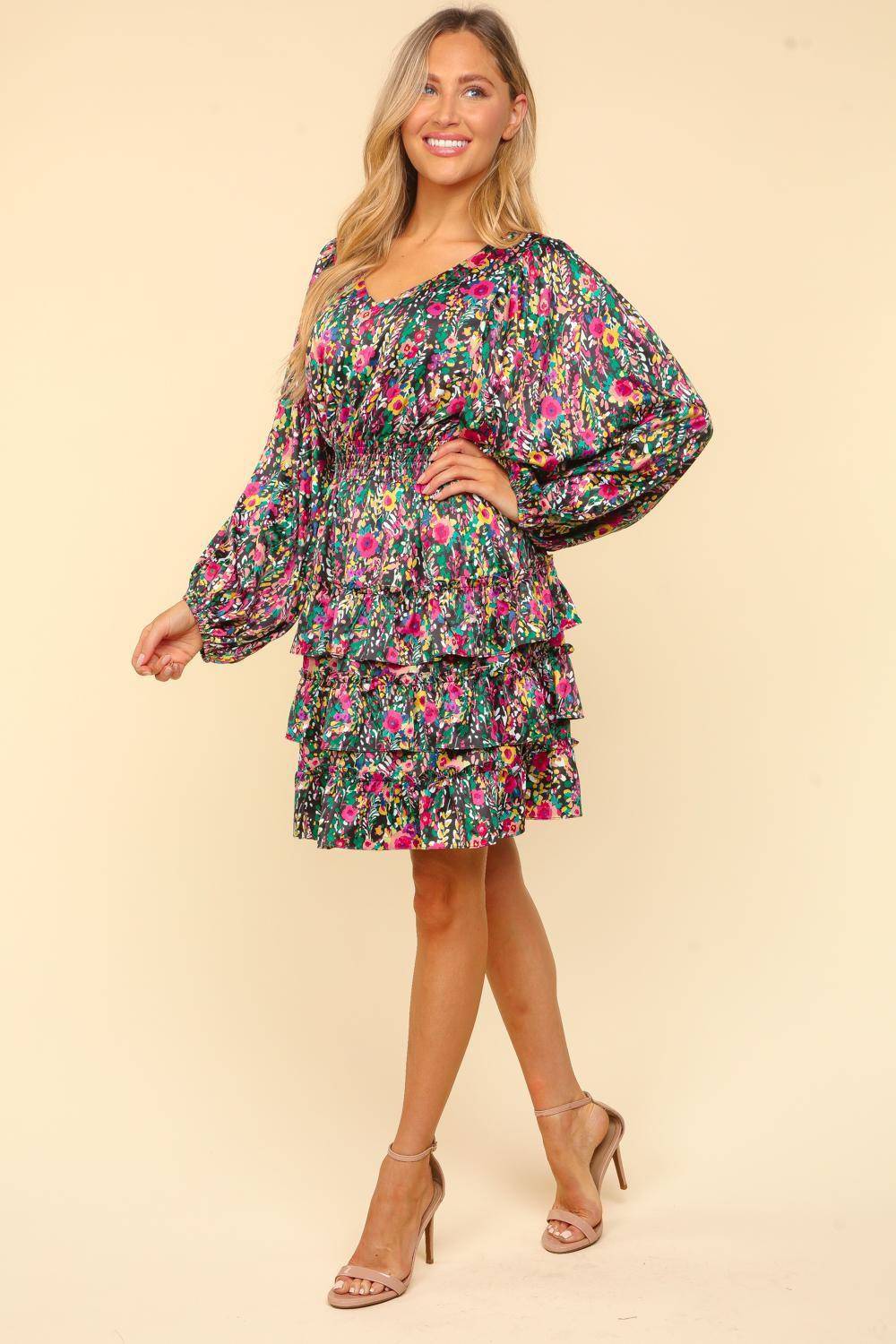 V-Neck Satin Floral Layered Dress - Wildflower Hippies