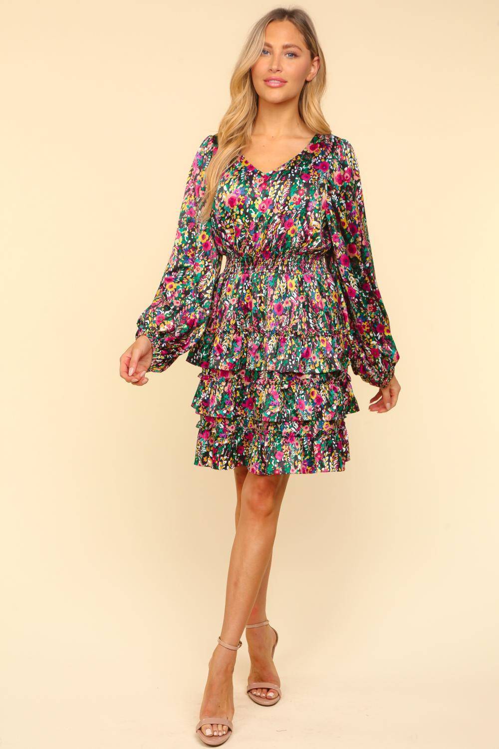 V-Neck Satin Floral Layered Dress - Wildflower Hippies