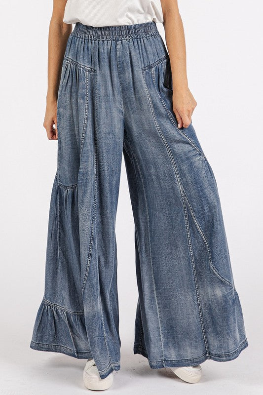 Washed Chambray Tier Detail Wide Leg Pants - Wildflower Hippies