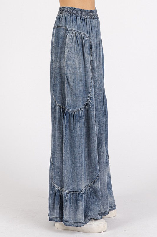 Washed Chambray Tier Detail Wide Leg Pants - Wildflower Hippies