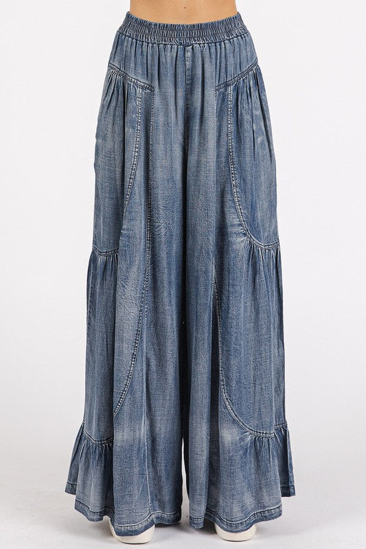 Washed Chambray Tier Detail Wide Leg Pants - Wildflower Hippies