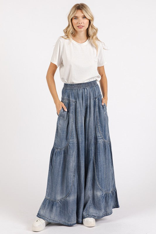 Washed Chambray Tier Detail Wide Leg Pants - Wildflower Hippies