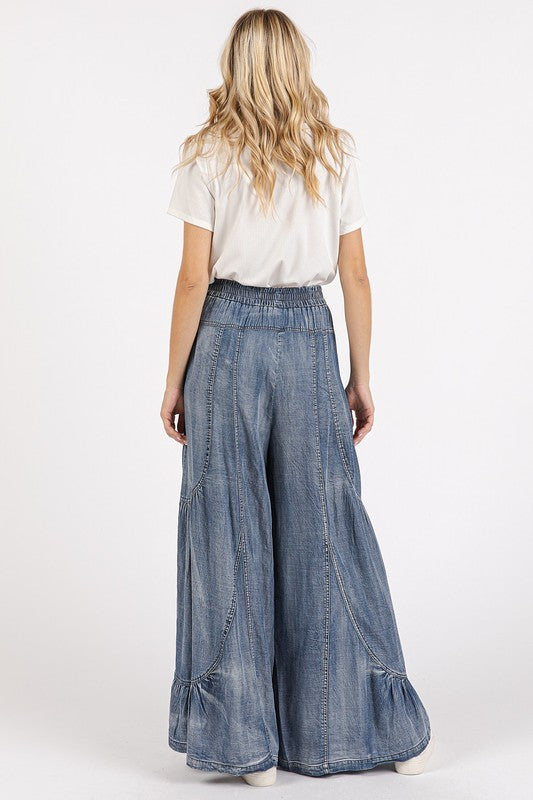 Washed Chambray Tier Detail Wide Leg Pants - Wildflower Hippies