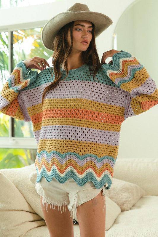 Wavy Hem Openwork Contrast Round Neck Sweater - Wildflower Hippies