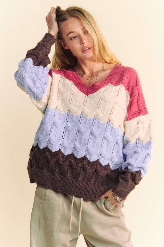 Wavy Texture Color Block V-Neck Sweater - Wildflower Hippies