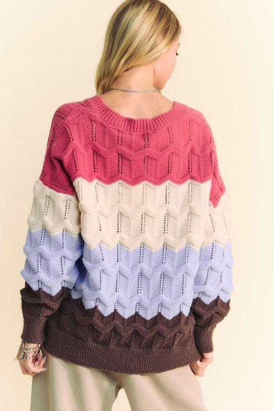 Wavy Texture Color Block V-Neck Sweater - Wildflower Hippies